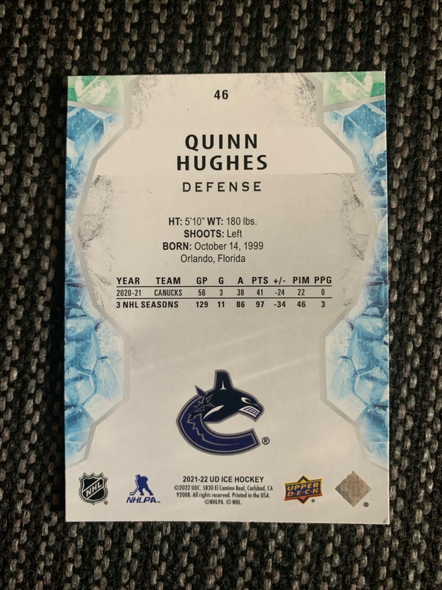 Upper Deck Quinn Hughes Hockey Card - photo 3