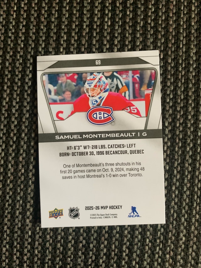 Upper Deck Samuel Montembeault Hockey Card - photo 3