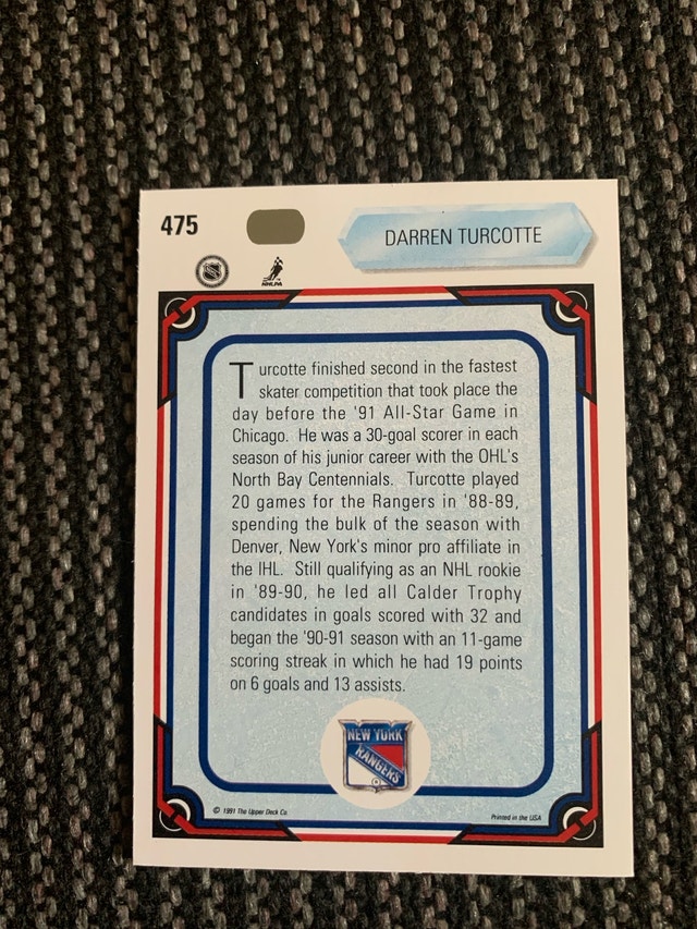 1991 Upper Deck Darren Turcotte Hockey Card - photo 3