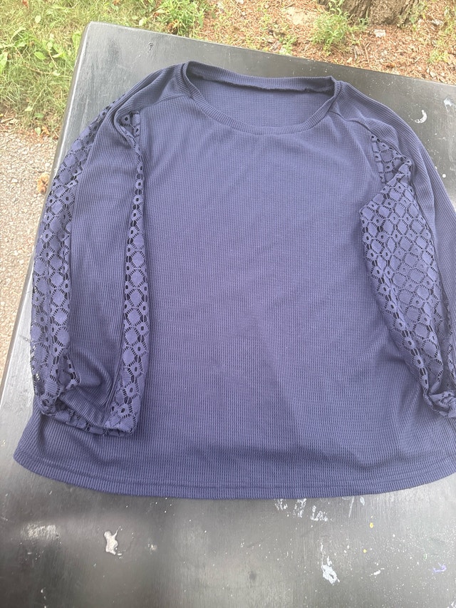 Women's Navy Blue Long Sleeve Top with Lace Detail