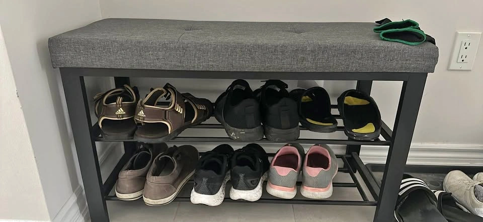 Gray Fabric Upholstered Shoe Rack Bench with Black Metal Frame