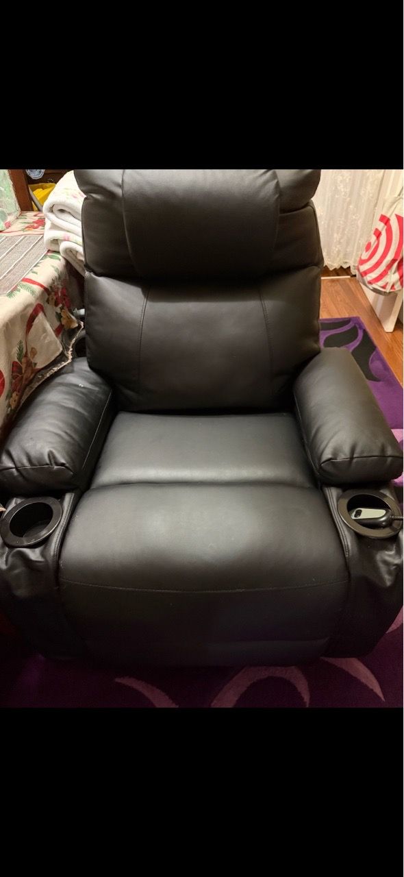 Black Leather Recliner Chair with Cup Holders - photo 2