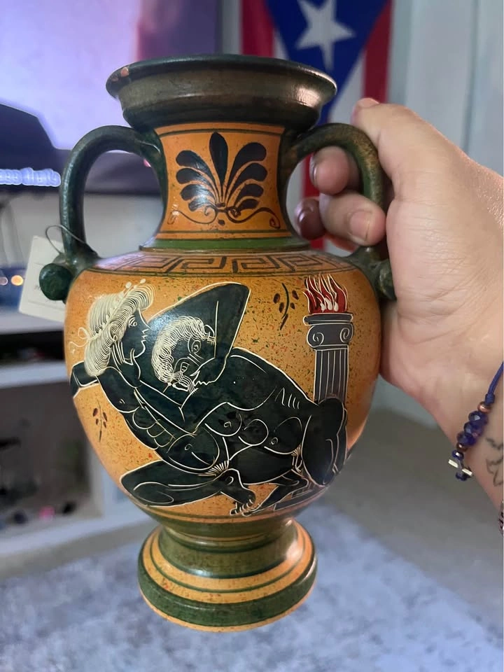 Handmade Greek Amphora Vase with Erotic and Mythological Art