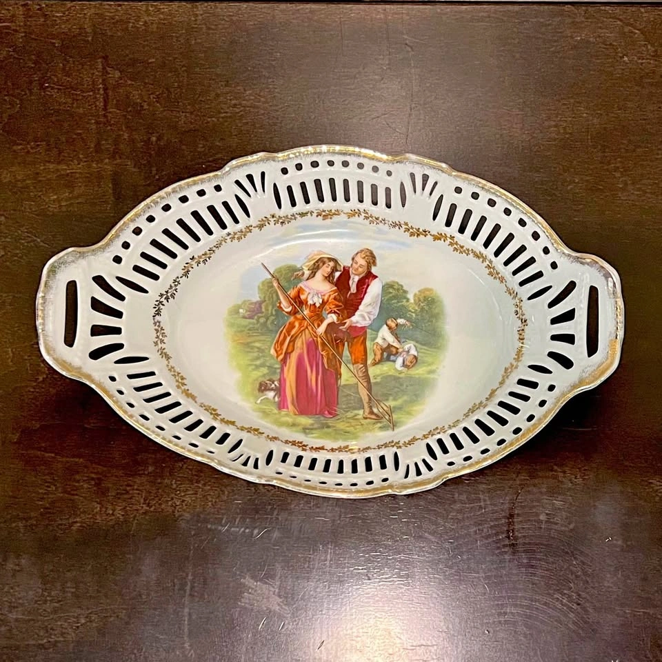 Vintage German Porcelain Lattice Oval Fruit Bowl - Numbered
