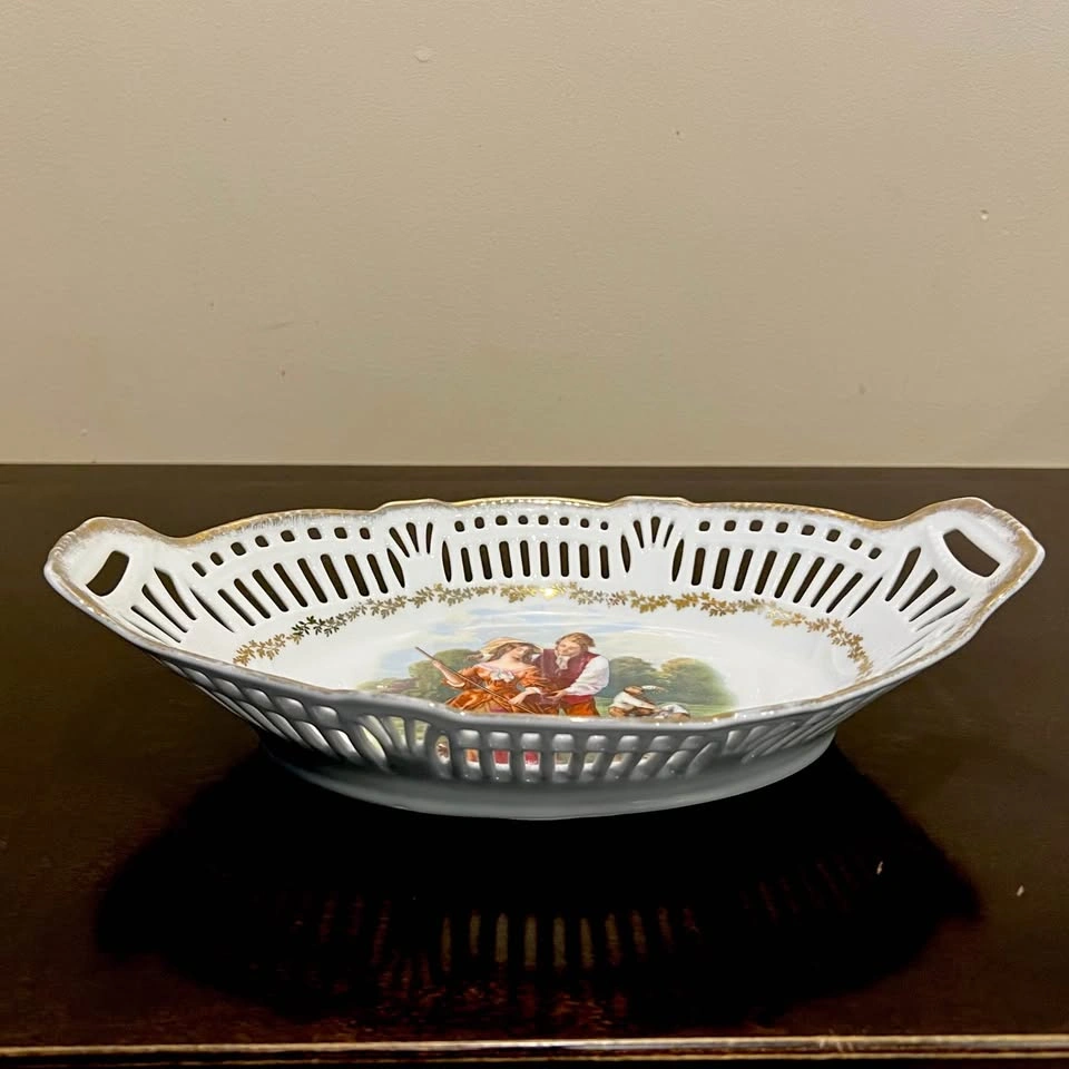 Vintage German Porcelain Lattice Oval Fruit Bowl - Numbered - photo 5