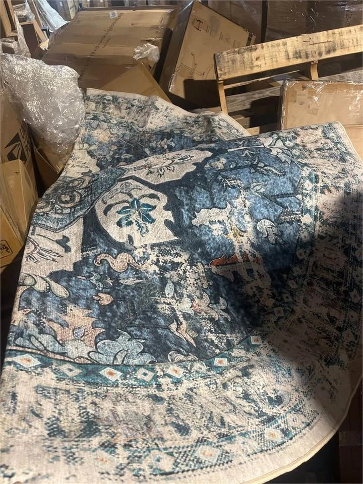Large Round Distressed Blue and Cream Area Rug - photo 3