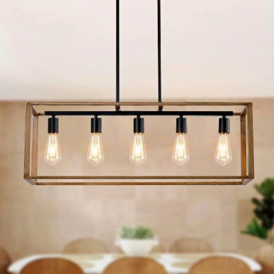 5-Light Industrial Wood and Black Linear Chandelier