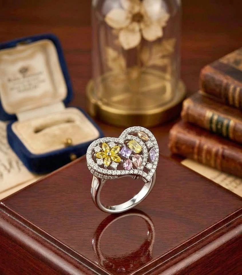 Pastel Garden Heart Statement 925 Sterling Silver Ring