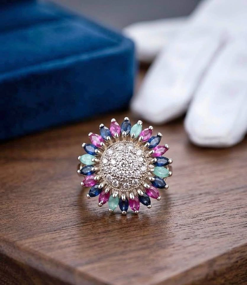 Multi-Gemstone Sunflower Cluster Ring