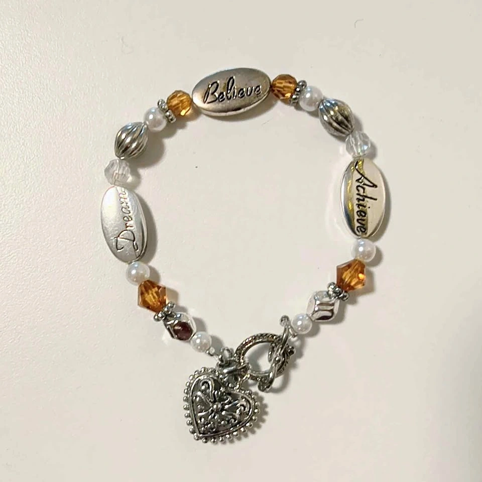 Vintage Silver-Tone Beaded Heart Charm Bracelet