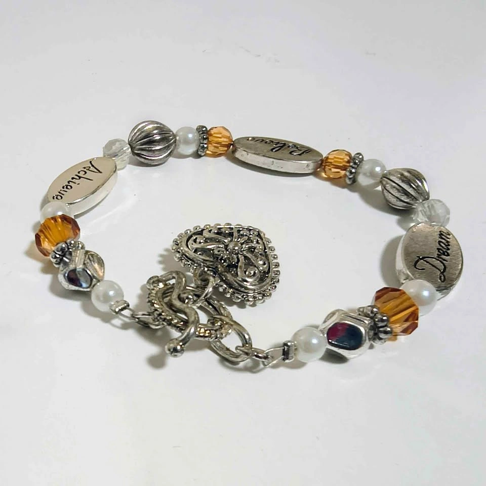 Vintage Silver-Tone Beaded Heart Charm Bracelet - photo 2