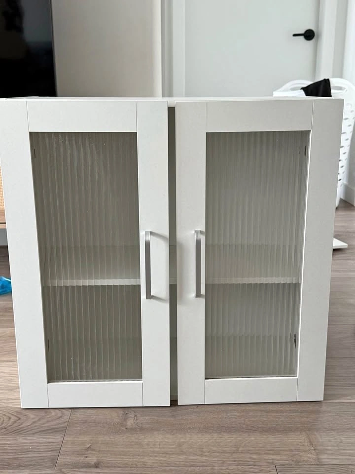 Vevor White Wall Cabinet with Fluted Glass Doors