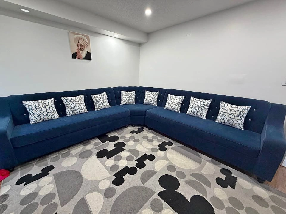 Navy Blue Tufted L-Shaped Sectional Sofa