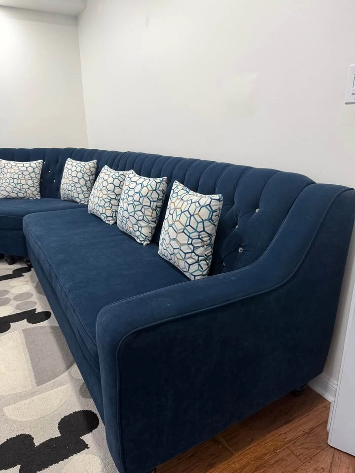 Navy Blue Tufted L-Shaped Sectional Sofa - photo 2