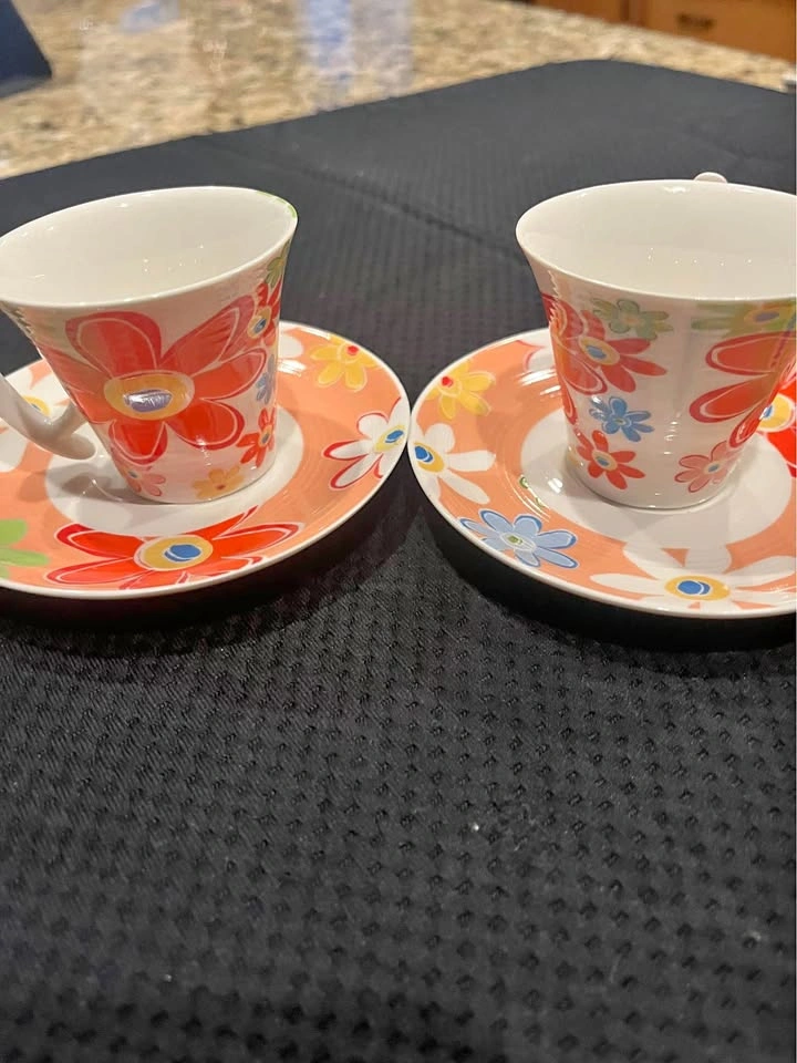 Colorful Floral Tea Cups and Saucers Set of 2