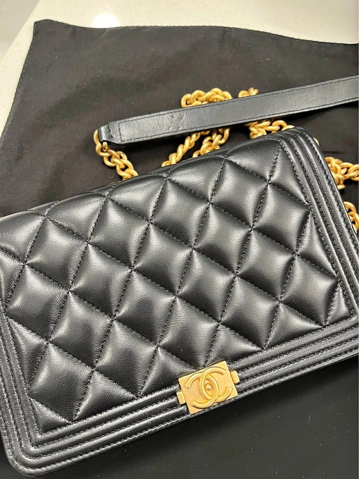 Authentic Chanel Boy WOC-Black Lambskin w: Aged Gold hardware