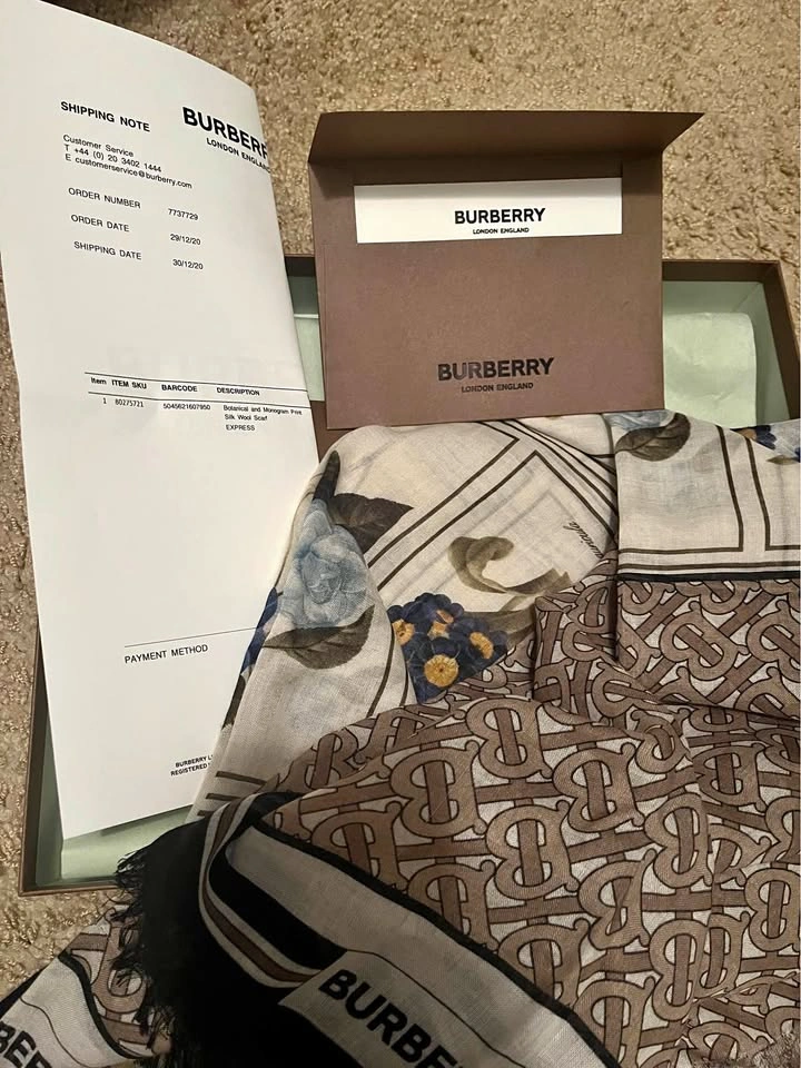 Authentic Burberry Silk-Wool Monogram Print Scarf