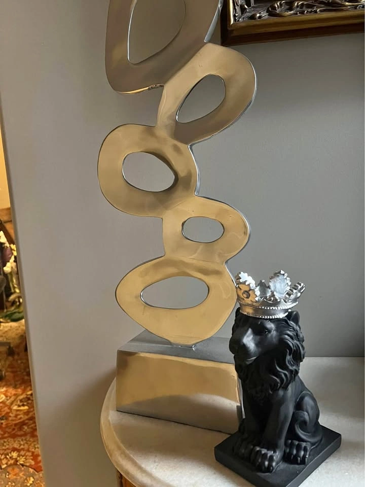 Modern Abstract Metal Sculpture & Crowned Lion Decor
