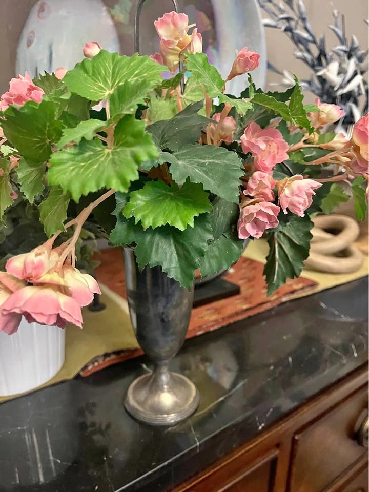 Silver Goblet Vase with Artificial Pink Flowers