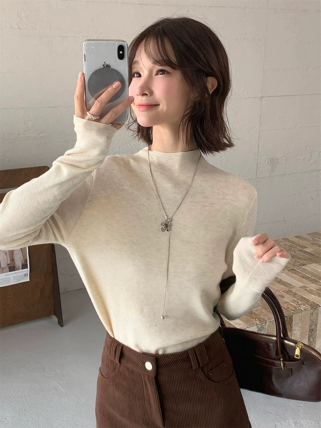 Soft and cozy fine wool, mock neck slimming knit base layer top