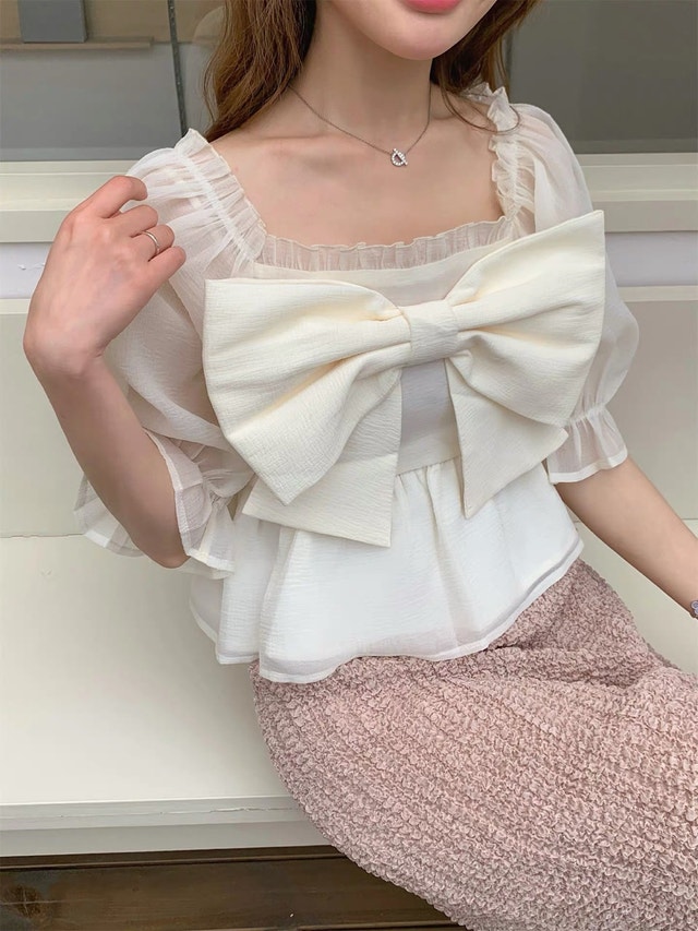 Delicate ribbon square neck chiffon short-sleeved top - photo 2