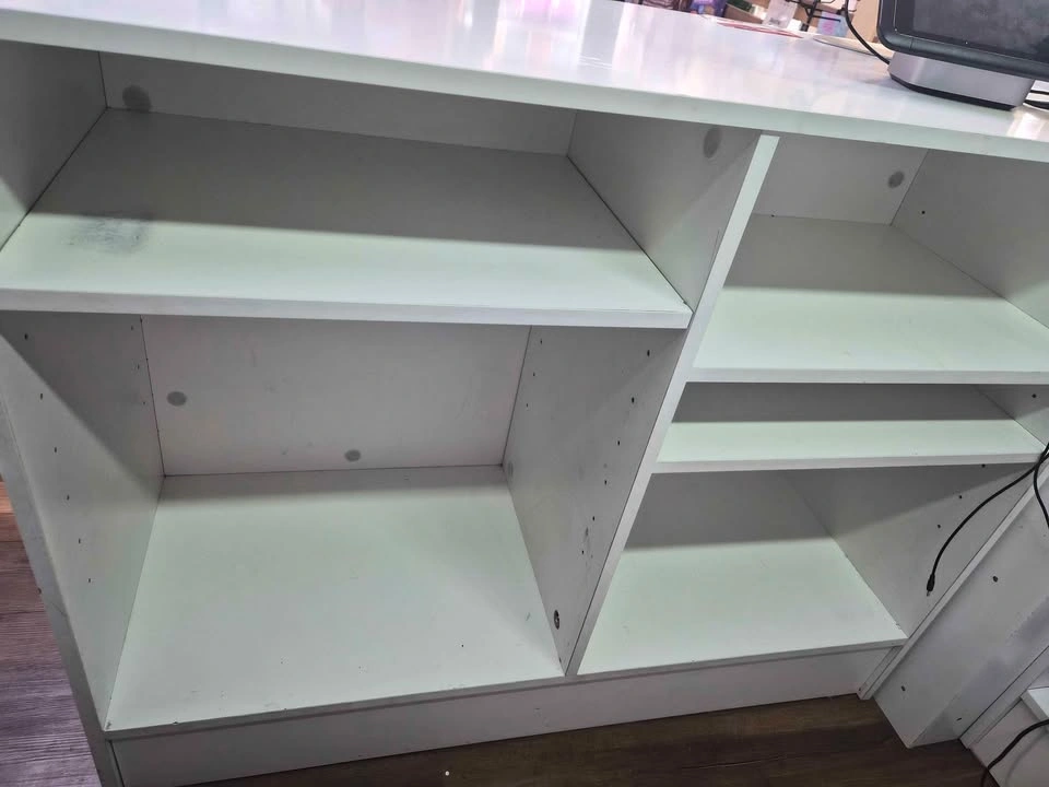 L-shape White Retail Checkout Counter with Shelving - photo 2