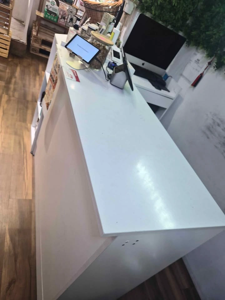 L-shape White Retail Checkout Counter with Shelving - photo 4