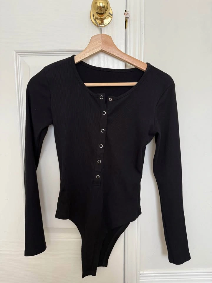 Micro Modal Long Sleeve Henley Bodysuit in Black ATM - photo 5