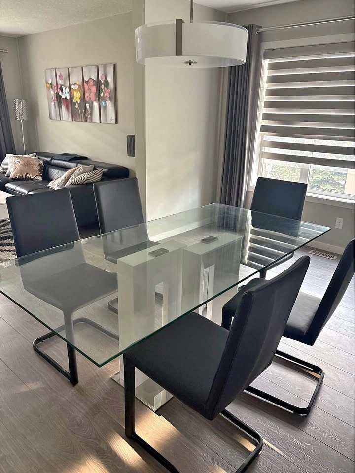 Modern Glass Dining Table with 4 Black Chairs