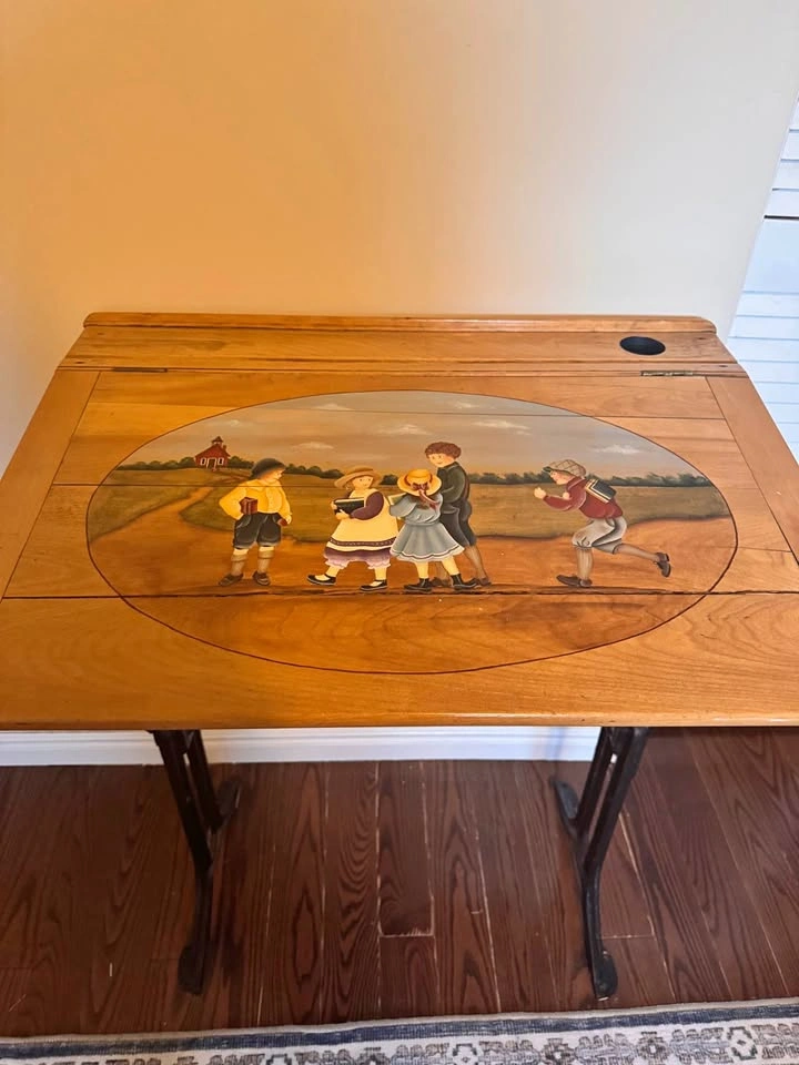 Vintage Hand-Painted Wood School Desk with Cast Iron Base