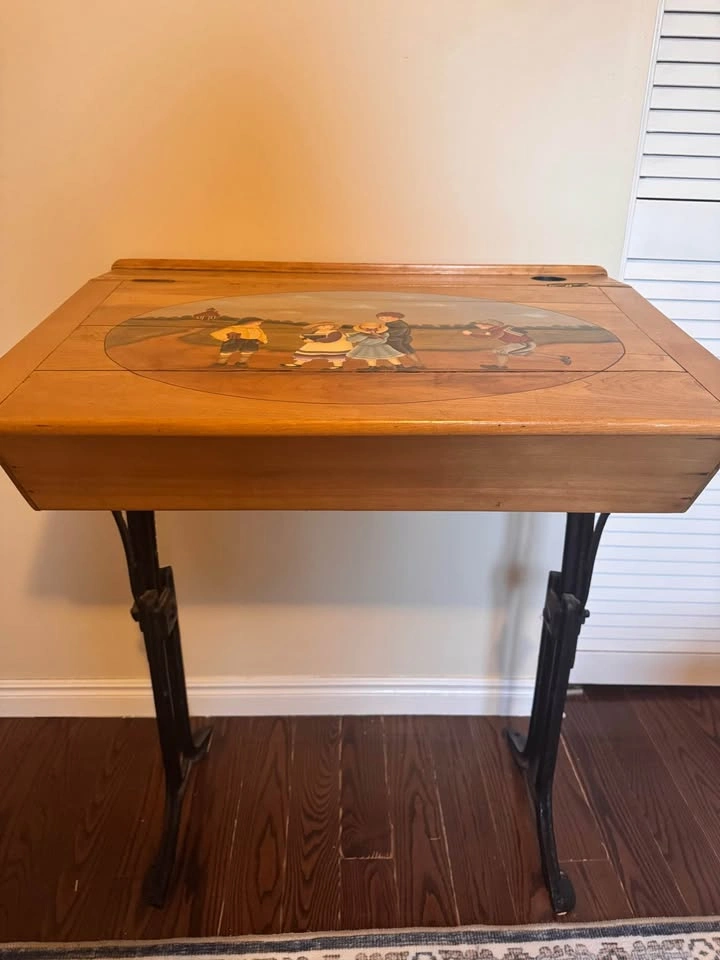 Vintage Hand-Painted Wood School Desk with Cast Iron Base - photo 2