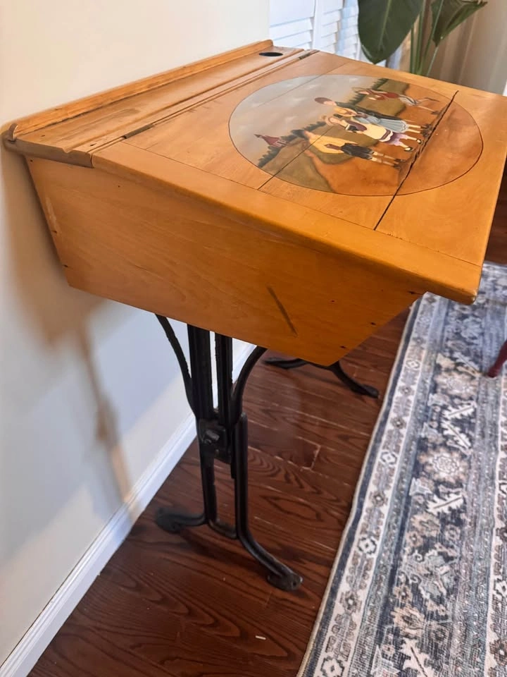 Vintage Hand-Painted Wood School Desk with Cast Iron Base - photo 3