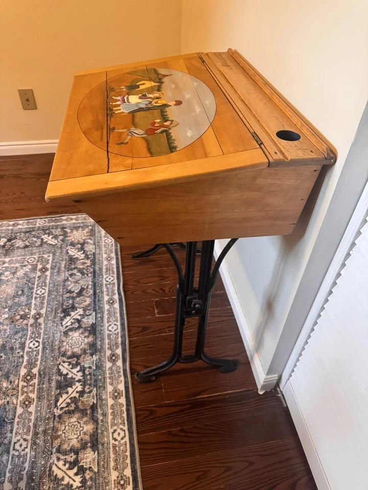 Vintage Hand-Painted Wood School Desk with Cast Iron Base - photo 4