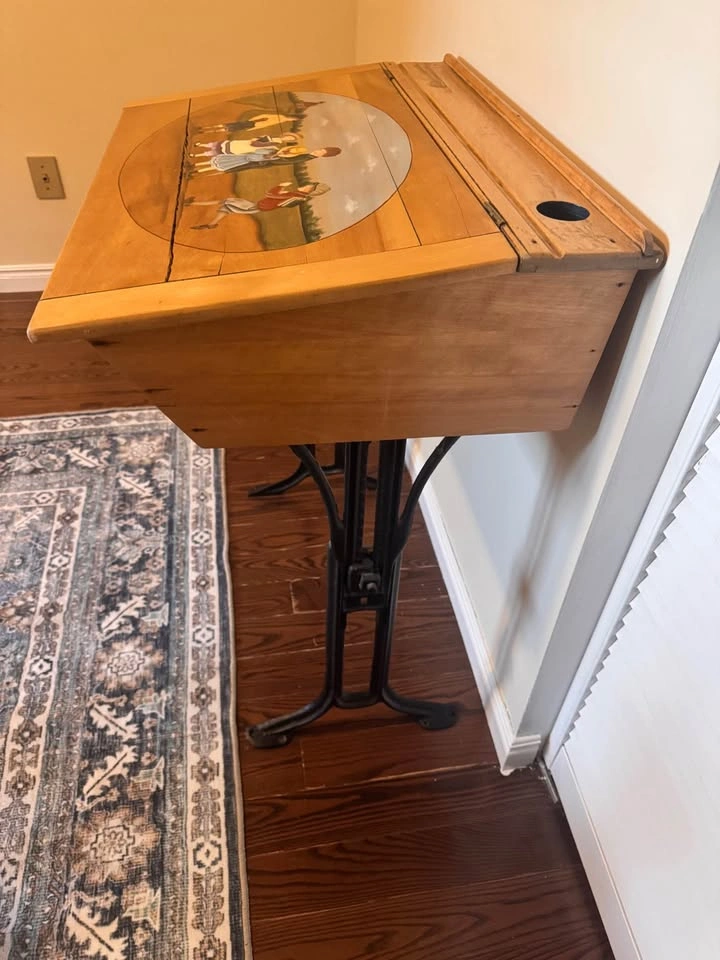 Vintage Hand-Painted Wood School Desk with Cast Iron Base - photo 5