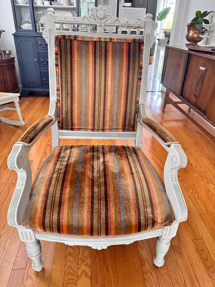 Vintage Painted Armchair with Striped Velvet Upholstery