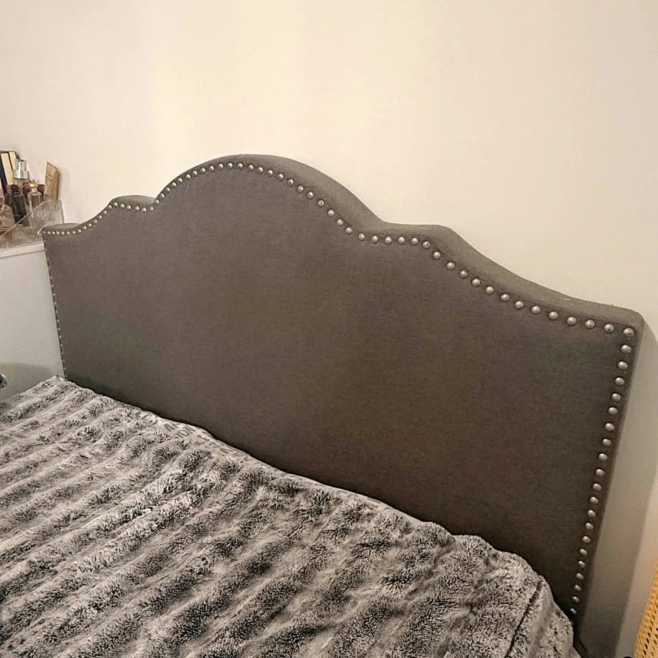 Grey Upholstered Queen Headboard with Nailhead Trim