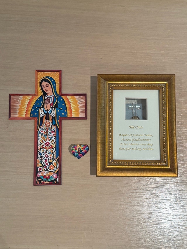 Our Lady of Guadalupe Cross, Heart Pin, and Framed Crystal Cross