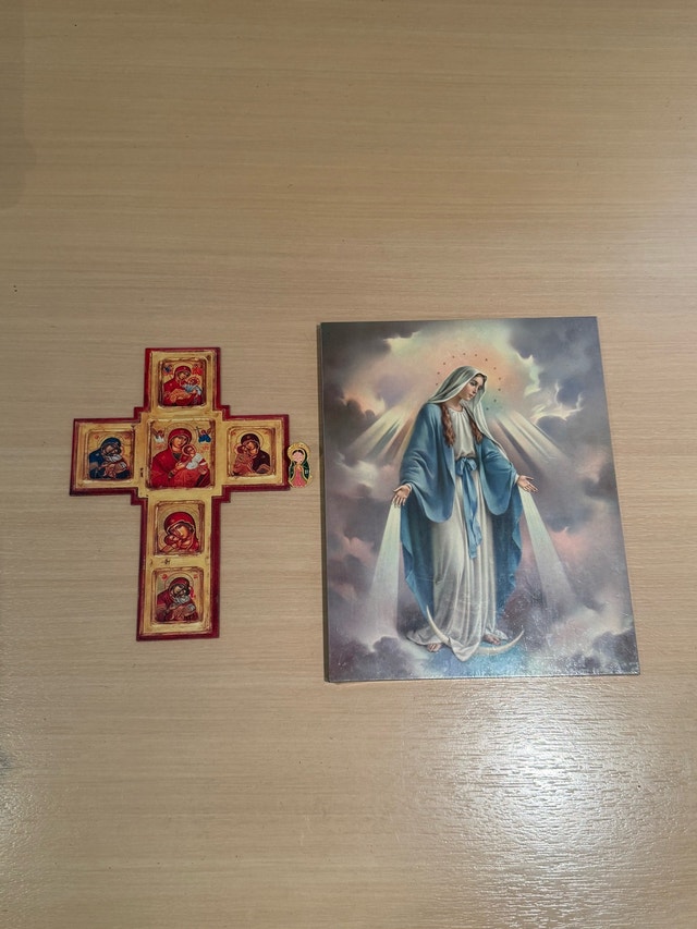 Religious Icon Cross, Virgin Mary Print, and Enamel Pin Set