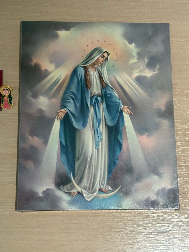 Religious Icon Cross, Virgin Mary Print, and Enamel Pin Set - photo 2