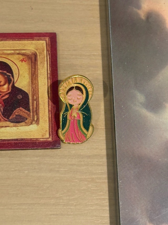 Religious Icon Cross, Virgin Mary Print, and Enamel Pin Set - photo 3
