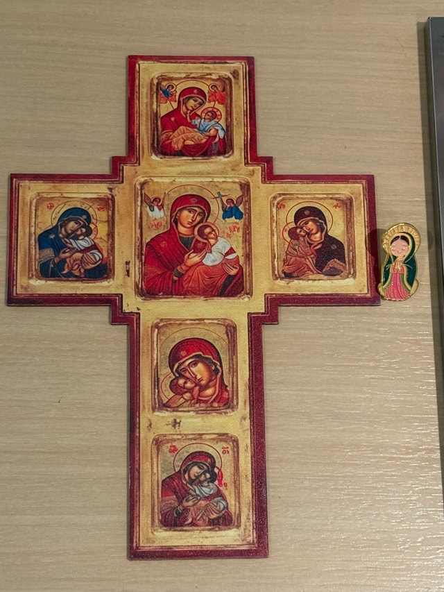 Religious Icon Cross, Virgin Mary Print, and Enamel Pin Set - photo 4