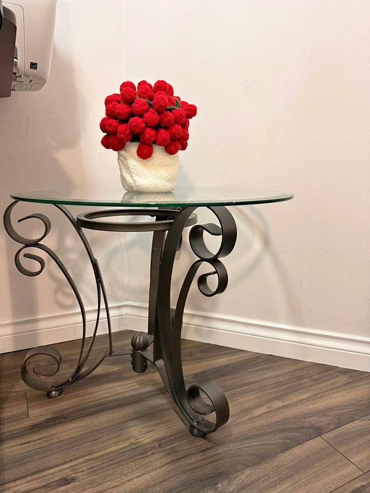 Round Glass Top Side Table with Wrought Iron Base