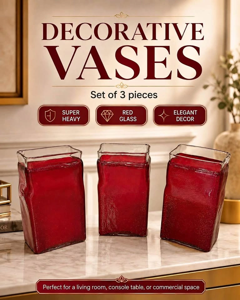Set of 3 Heavy Red Glass Decorative Vases
