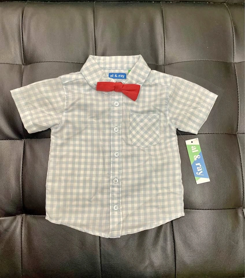 NEW al & ray Short Sleeve Gingham Shirt with Bow Tie (#3A)