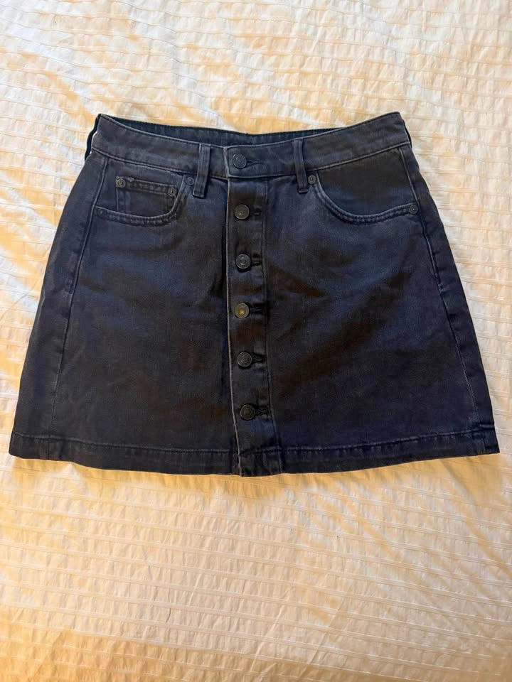 American Eagle Black Denim Button-Front Mini Skirt