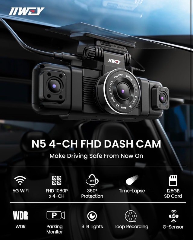 IIWEY N5 4 Channel Dash Cam, 360° All-Sides View, FHD 1080P - photo 2