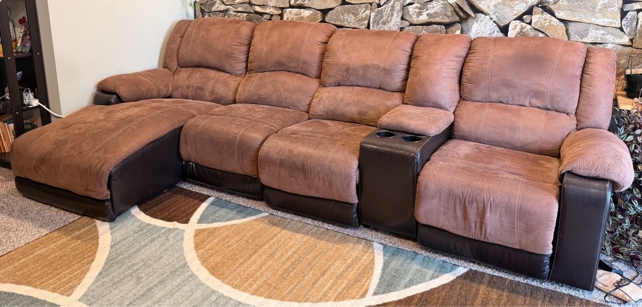 Sectional 5 Piece Sofa Brown with 2 Recliner Seats