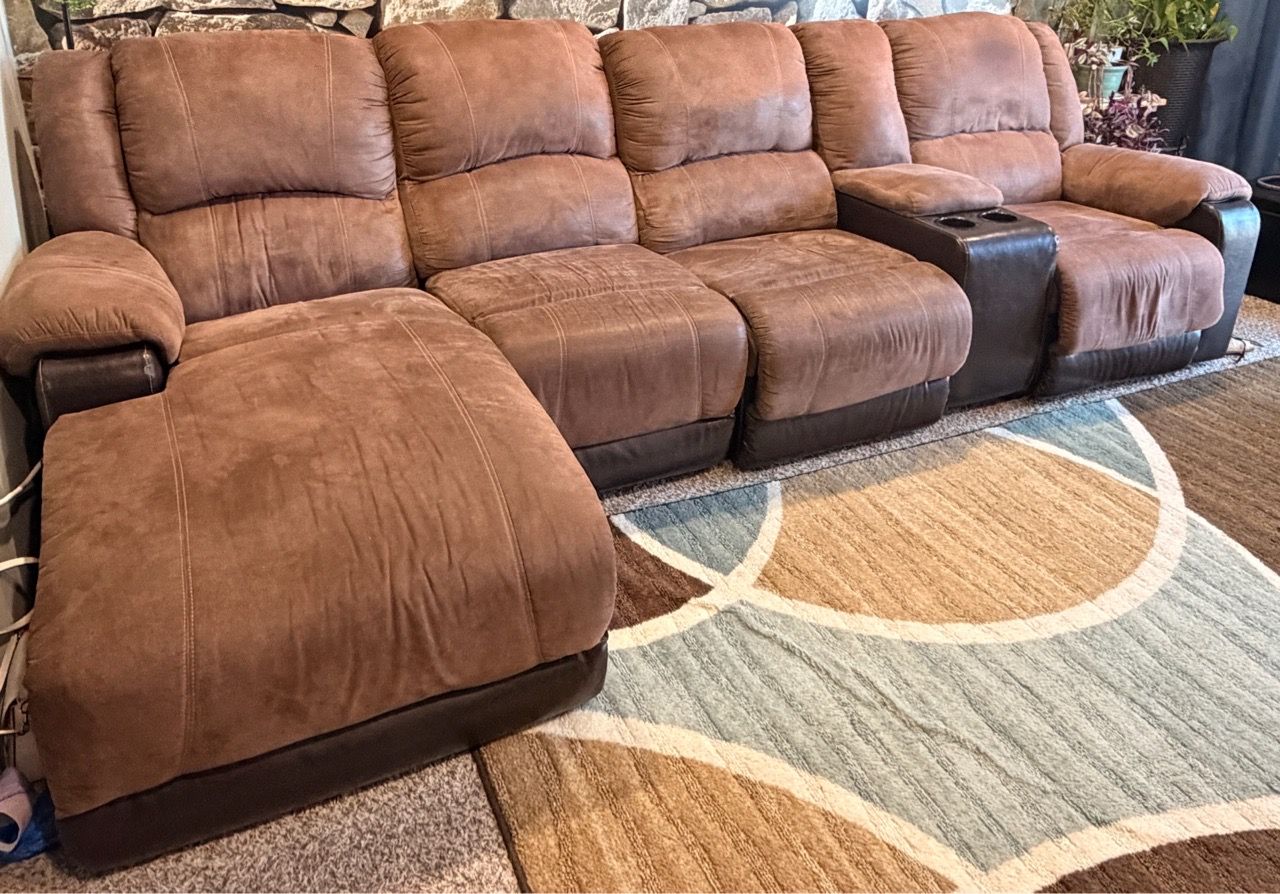 Sectional 5 Piece Sofa Brown with 2 Recliner Seats - photo 3