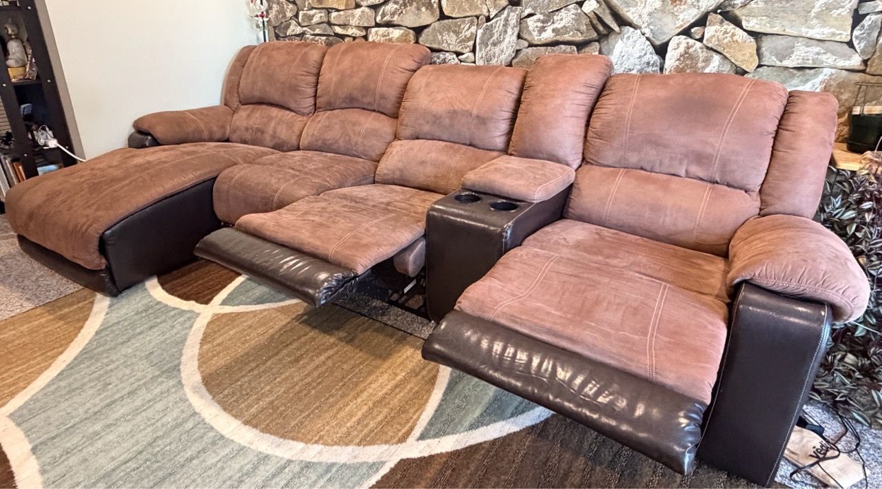 Sectional 5 Piece Sofa Brown with 2 Recliner Seats - photo 4