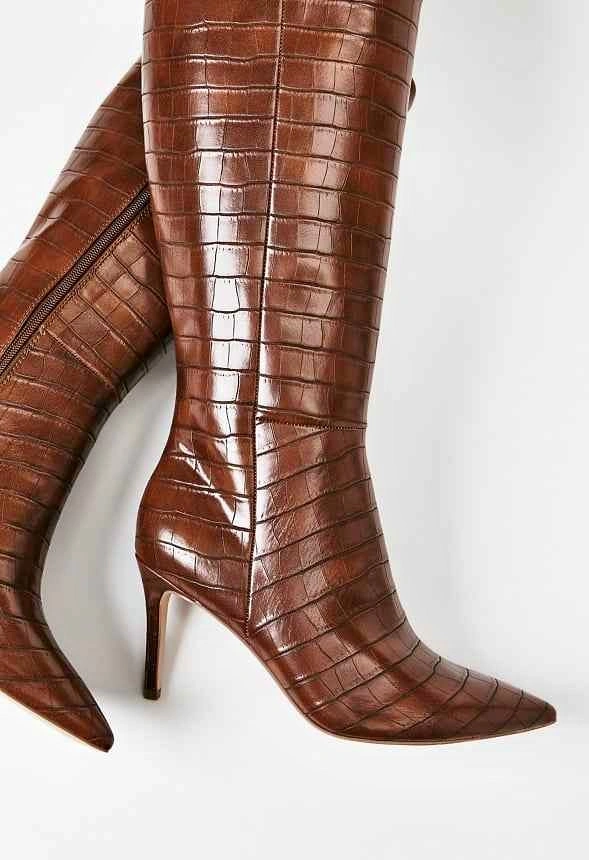 Brown Croc-Embossed Knee-High Stiletto Boots
